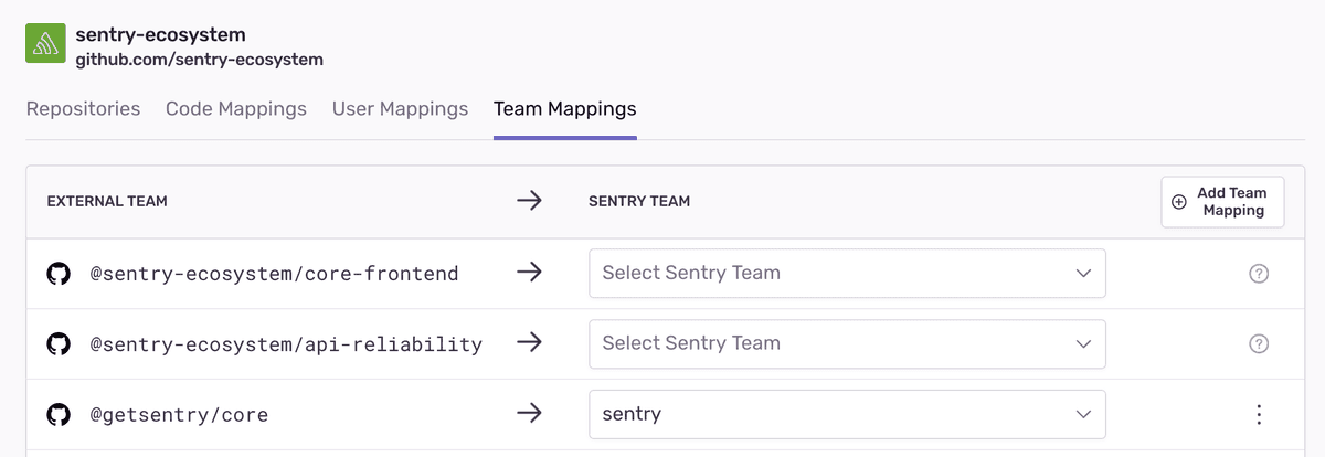External team mappings for Github/Gitlab