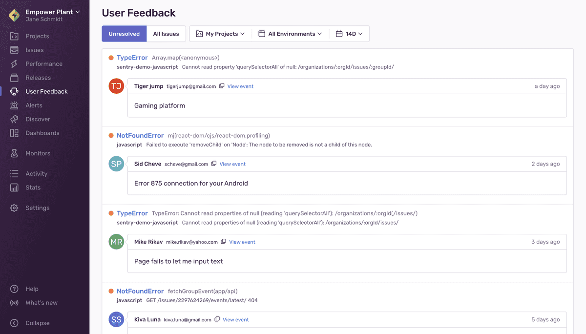 User Feedback page with submissions.