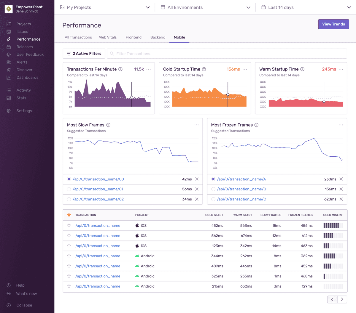 Performance page in Sentry with Mobile Vitals.