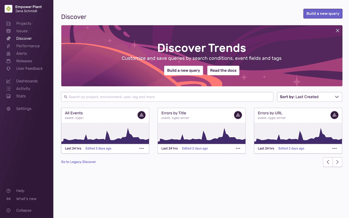 Full view of the Discover Homepage with query cards and button to build new queries.